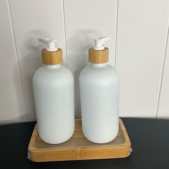 Emerson Essentials 2 Bottle Glass Set Bamboo Tray White 16 Oz Soap Shampoo New - Picture 5 of 6